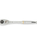 Three Eighths Inch Drive 90-Tooth Quick Release Teardrop Ratchet With 4-Degree Swing Arc For Tight Spots And Ball Detent Socket Retention Built For Pros Working In Confined Spaces, chrome finish, side view.