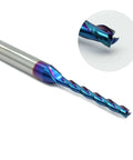 CNC router bit, side view, blue-purple coated, 3-flute, 1/8 in diameter, 1/4 in shank, solid carbide for wood.