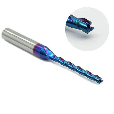 CNC router bit, side view, blue-purple coated, 3-flute, 1/8 in diameter, 1/4 in shank, solid carbide for wood.