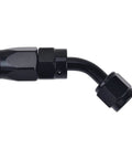 6AN Hose End Fitting 45 Degree Swivel For CPE Braided Hose Black Aluminum 6061 T6 Built Tough With 9/16-18 UNF Thread Compatible With Stainless Steel And Nylon Braided Hoses, angled view