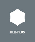 Hex-Plus logo icon from Zyklop 7 Piece Bit Socket Set Three Eighths Inch Drive With Holding Function For Screws Color Coded Size Guide