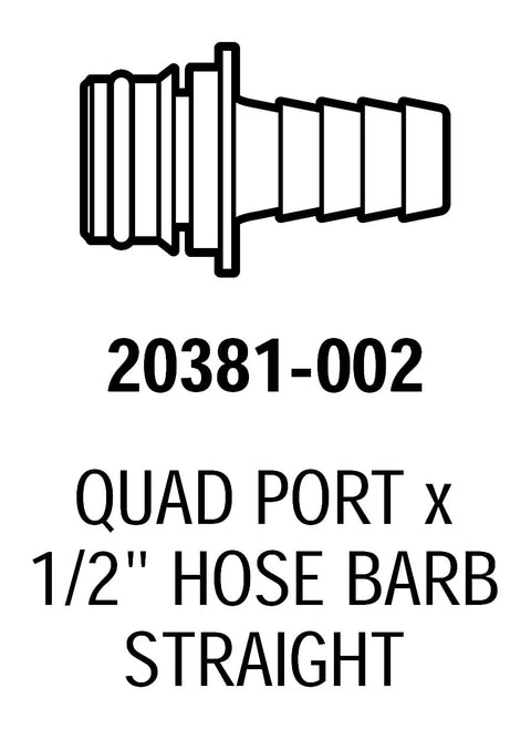 Detoria 20381-002 quad-port hose barb straight fitting, for 1/2" hose (side view)