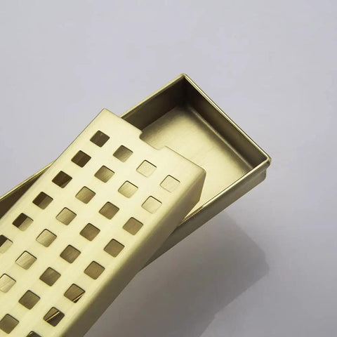 16 Inch Linear Shower Drain With Removable Cover Grid, Brushed Gold Stainless Steel SUS304, shown with open rectangular grid