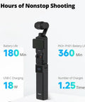Power Bank Grip For Pocket 3 And Pocket 4 Camera With 5000 mAh Battery LED Display 18 Watt USB C Charging shown with stats.