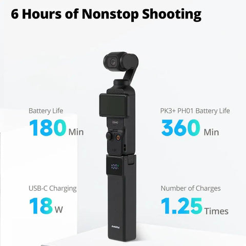 Power Bank Grip For Pocket 3 And Pocket 4 Camera With 5000 mAh Battery LED Display 18 Watt USB C Charging shown with stats.