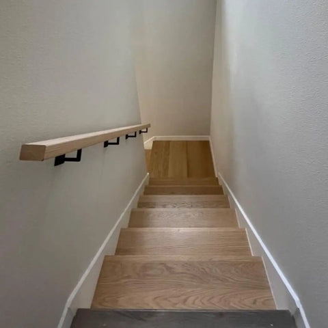 Wooden staircase with Square Handrail Brackets For Staircase With Screws Five Pack Textured Black Matte Finish Heavy Duty Steel Brackets