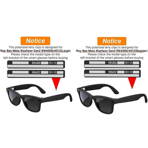 Polarized Clip On Lens For Meta Wayfarer Gen 2 Large 53 By 22 RW4008 RW4012 showing compatibility notice with sunglasses.