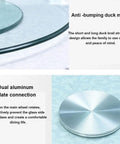 Close-up of Tempered Glass Lazy Susan Turntable, anti-bumping edge, aluminum plate connection, perfect for meals and parties.