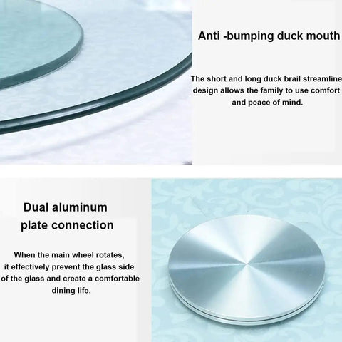 Close-up of Tempered Glass Lazy Susan Turntable, anti-bumping edge, aluminum plate connection, perfect for meals and parties.