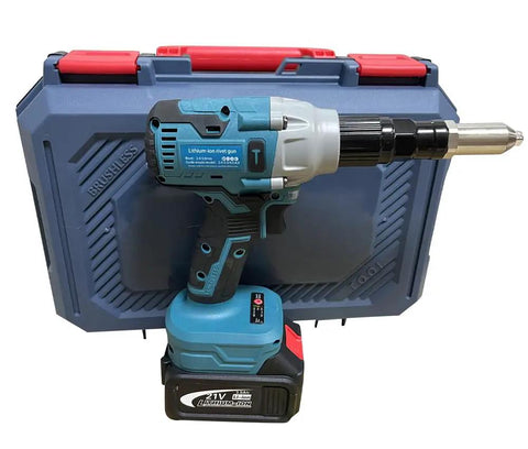 Heavy Duty 21 Volt Brushless Cordless Electric Rivet Gun with battery and carrying case, ideal for metal fastening tasks.