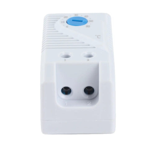 Adjustable 0-60 C Mechanical Thermostat With Normally Closed Switch For Heaters Fans And Control Circuits Rotary Dial Temperature Control For Precise Activation Trigger Easy Dial Setup Auto Shutoff And Safe Startup. white plastic 2-wire DIN rail thermostat front view