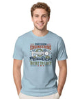 Cool Vintage Blueprint T-Shirt With Caliper Design For Mechanics And Engineers Perfect Garage Gear For Project Planning Or Daily Hangouts. Model wearing light blue cotton t-shirt with engineering graphics.