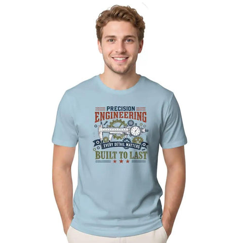 Cool Vintage Blueprint T-Shirt With Caliper Design For Mechanics And Engineers Perfect Garage Gear For Project Planning Or Daily Hangouts. Model wearing light blue cotton t-shirt with engineering graphics.