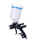 Heavy Duty HVLP Paint Sprayer Kit With 1.7 Mm Tip And 600 Ml Reusable Cup side view, features adjustable knobs and spray cup.