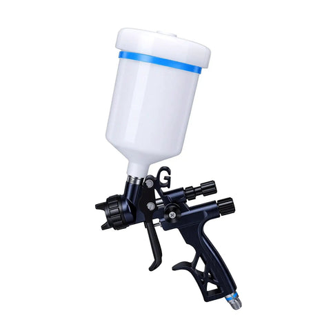 Heavy Duty HVLP Paint Sprayer Kit With 1.7 Mm Tip And 600 Ml Reusable Cup side view, features adjustable knobs and spray cup.