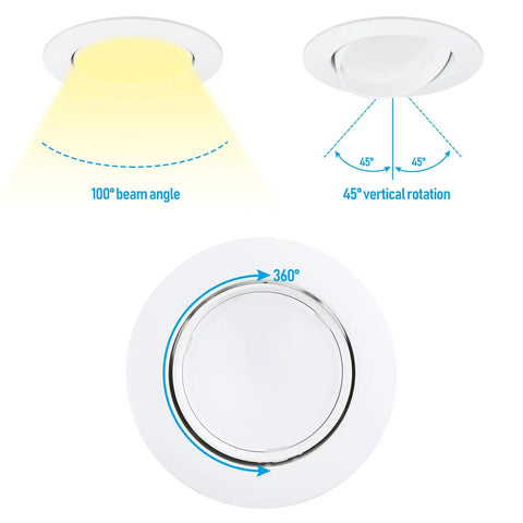Diagram of 4 Inch Retrofit LED Gimbal Recessed Light with 100° beam, 45° rotation, 360° swivel, and 3000K warm white light