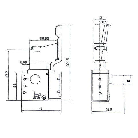Electric Drill Speed Control Push Button Switch For Power Tools With Built In Speed Knob On Off Momentary LED Indicator And Industrial Trigger Lever For Hand Drills, technical drawing