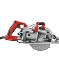 Lightweight Worm Drive Circular Saw With 15 Amp Engine And 7 1/4 Inch Blade featured with red handles for enhanced grip and control.