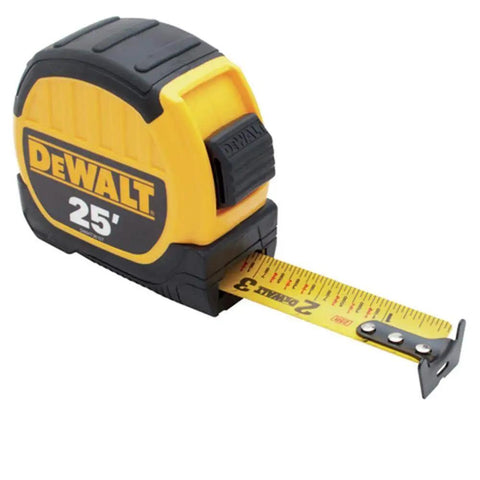 Wide Base 1 1/8 Inch Tape Measure, 25 Feet, Locking Blade, shown extended on a white background