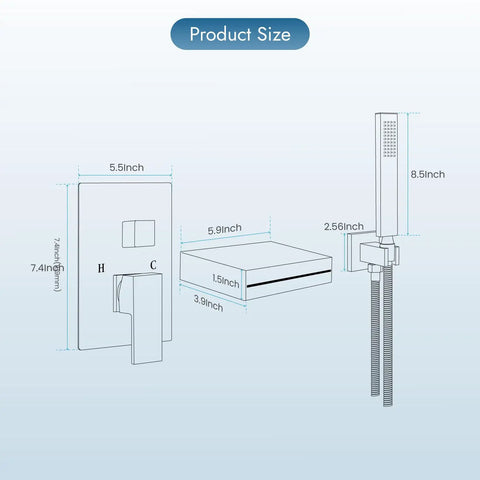 Dimensions diagram of Wall Mount Waterfall Tub Faucet With Handheld Sprayer And Single Handle Lever Rough-In Valve Kit in Brushed Nickel