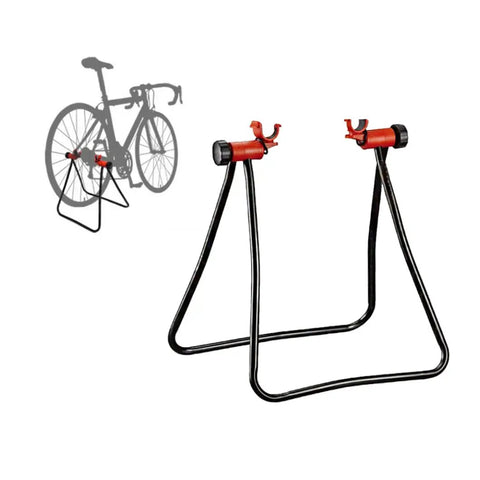 Foldable Bike Repair Stand For Home Garage Use Aluminum Portable Height Adjustable Floor Stand For Indoor And Outdoor Use Fits Most Bikes Easy Setup And Maintenance Go To Tool For DIY Cyclists with red clamps and black frame