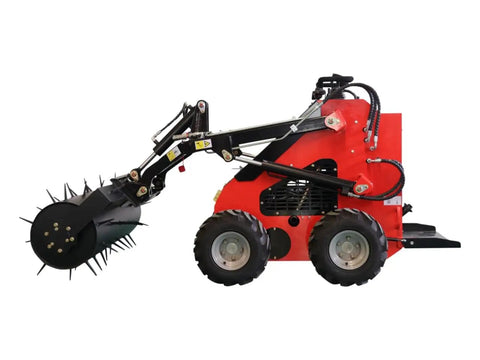Side view of Stomp Mini Skid Steer Loader With 1800 Lb Capacity And Lawn Scarifier Attachment For Small Jobs on white background.