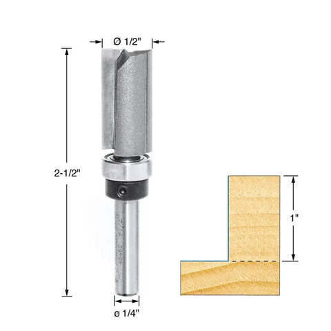 Pro Grade Carbide Tipped Flush Trim Plunge Router Bit Half Inch Diameter One Inch Cutting Height One Quarter Inch Shank