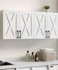 Works Like A Charm Farmhouse Wall Cabinet With Four Soft Close Barn Doors And Three Adjustable Shelves Solid Choice For Laundry Organization Or Bath Storage In Clean White Wood Grain, mounted above a modern sink.