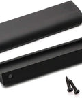 Black 25 Pack 5 Inch Hole Center Cabinet Handles and 6 Inch Edge Pulls for Cabinets and Dressers Modern Aluminum Alloy Finger Pulls for Kitchen Cabinets and Drawers Built To Last Slick Durable Easy Install shown with two handles and screws.