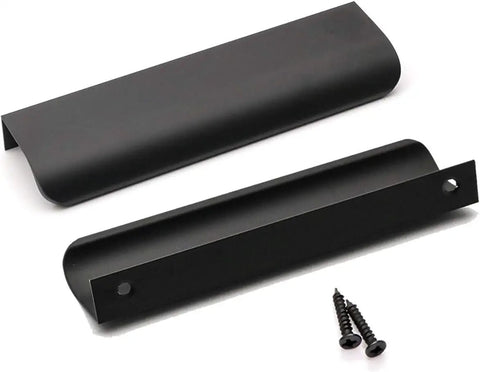 Black 25 Pack 5 Inch Hole Center Cabinet Handles and 6 Inch Edge Pulls for Cabinets and Dressers Modern Aluminum Alloy Finger Pulls for Kitchen Cabinets and Drawers Built To Last Slick Durable Easy Install shown with two handles and screws.