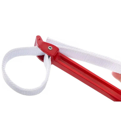 12 Inch Handle Strap Wrench With No Slip Adjustable Nylon Strap for Tight Spaces, red handle close-up with white strap loop.
