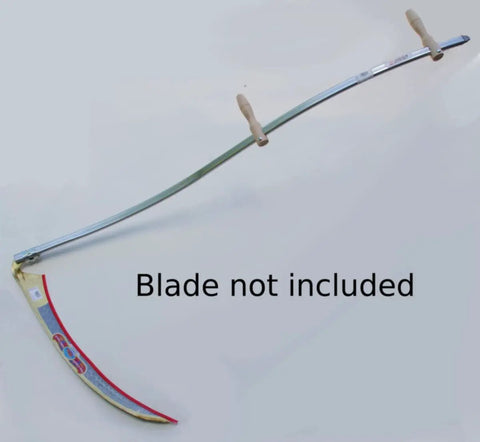 64 Inch Steel Tube Scythe Snath With Adjustable Wood Handles Pro Grade Heavy Duty Austrian Made Fits Most Blades Includes Ring And Wrench Easy Setup For Smooth Lawn And Field Cutting, shown with no blade