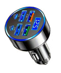 Final Boss Fast Car Charger With 120 Watt Raw Power And Six Lightning Quick Ports Serving As A Bulletproof Usb C Cigarette Lighter Adapter With Led Voltage Display showing six charging ports and voltage display.