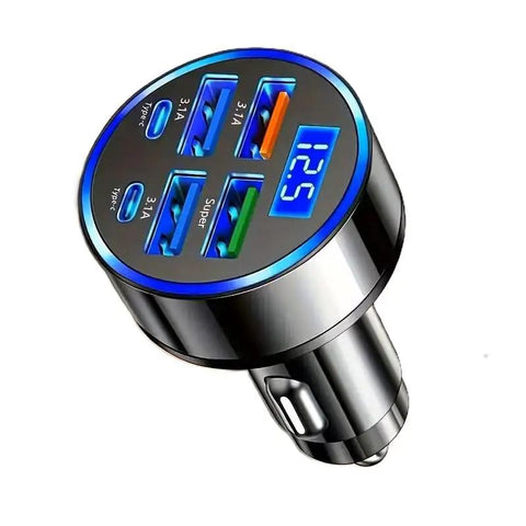 Final Boss Fast Car Charger With 120 Watt Raw Power And Six Lightning Quick Ports Serving As A Bulletproof Usb C Cigarette Lighter Adapter With Led Voltage Display showing six charging ports and voltage display.