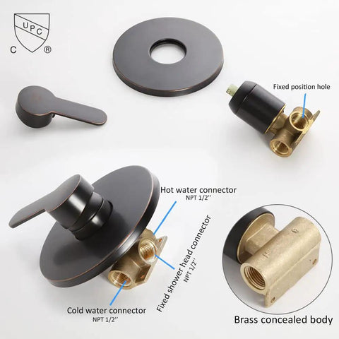 Components of Oil Rubbed Bronze Shower Faucet Set With 8 Inch Rainfall Head And Handle, Wall Mounted Single Function Trim Kit