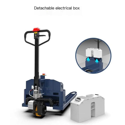Heavy Duty 6600 Lb Electric Pallet Jack Walkie With Lithium Battery showing detachable electrical box design.