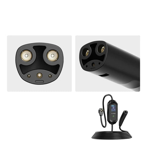Rock Solid Portable 7Kw Electric Vehicle Charger Featuring Dual Plug Evse Cord for Tesla with charging plug close-up