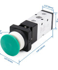 Pneumatic Mechanical Valve MV522PB 2 Position 5 Way Momentary Green Mushroom Button Manual Control Type For Air Systems with dimensions