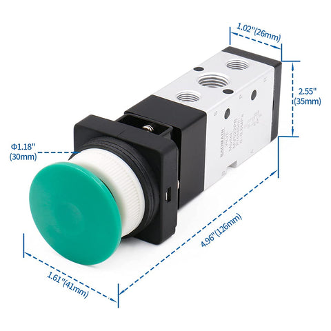 Pneumatic Mechanical Valve MV522PB 2 Position 5 Way Momentary Green Mushroom Button Manual Control Type For Air Systems with dimensions