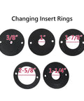 Premium Replacement Insert Rings For Aluminum Router Table Plates Set Of 5 showing five sizes of black rings for precise routing.