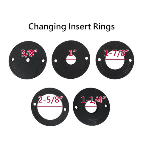 Premium Replacement Insert Rings For Aluminum Router Table Plates Set Of 5 showing five sizes of black rings for precise routing.