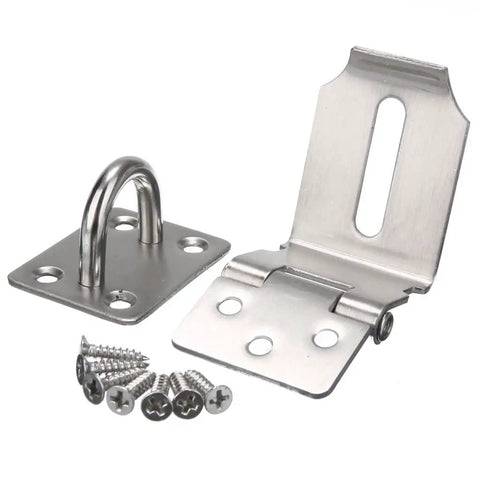 Heck Yeah Durable High Grade Stainless Steel Door Latch With Secure Padlock Buckle And Rustproof Gate Hasp Four Hole Mount Plate For Sheds Drawers Built Tough As Nails with screws.