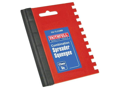 Red combination spreader squeegee with black rubber edge, brand label visible