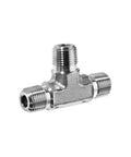 Heavy Duty 316 Stainless Steel Male Tee Pipe Fitting Quarter Inch NPT Thread with three ports for fluid connections.