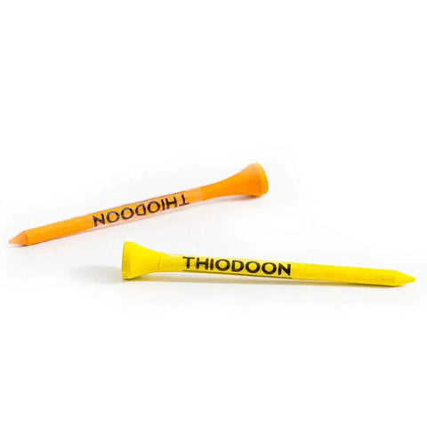 Two colored golf tees showing brand, Three And Quarter Inch Wood Golf Tees For Training And Pro Play, Less Friction Natural Hardwood Tees