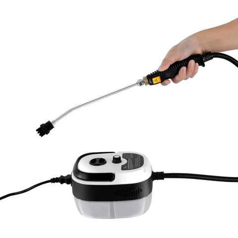 Hand using High Pressure Steam Cleaner For Cars And Home Handheld Steam Cleaning Machine With Beast Power Nozzle, aluminum build, compact design.