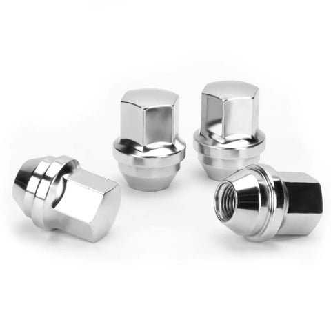 Chrome Lug Nuts M14x1.5, 20 Pcs Acorn Style Direct Fit With Seven Eighth Inch Hex, close-up view of four nuts