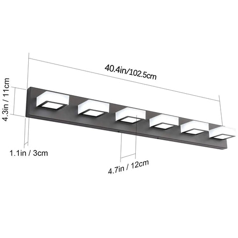 Six Light Modern Matte Black Vanity Light Fixture With Acrylic LED For Bathroom And Mirror Cabinets dimensions shown