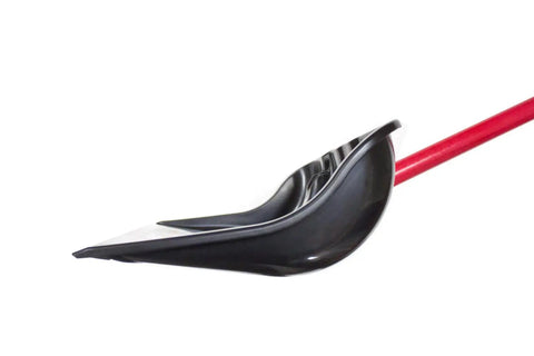 Side view of the Beast Of A Snow Shovel With Wide Scoop And Fiberglass D-Grip For Driveways, featuring sharp edge and red handle