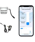 Smart TLC2206 WiFi Tank Level Monitor For Water Oil And Fuel, Remote Sensor With TUYA Compatibility, showing app interface on phone.